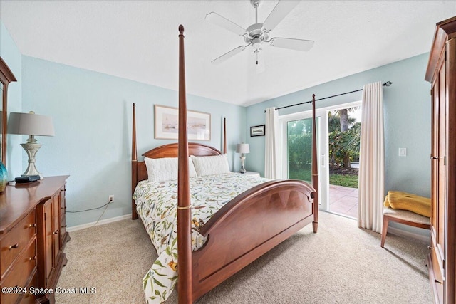 carpeted bedroom featuring access to outside and ceiling fan