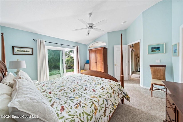 bedroom with light carpet, access to outside, vaulted ceiling, and ceiling fan