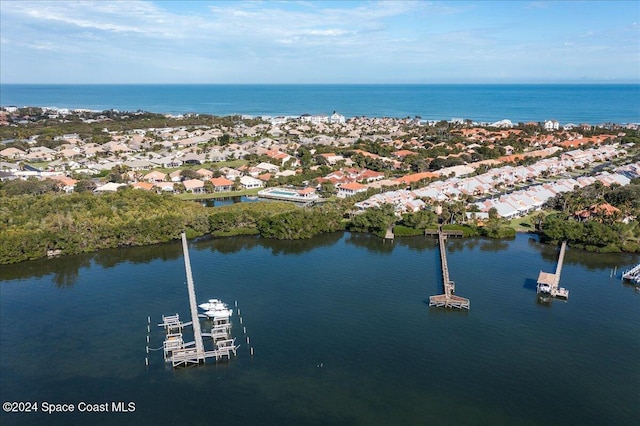 drone / aerial view featuring a water view