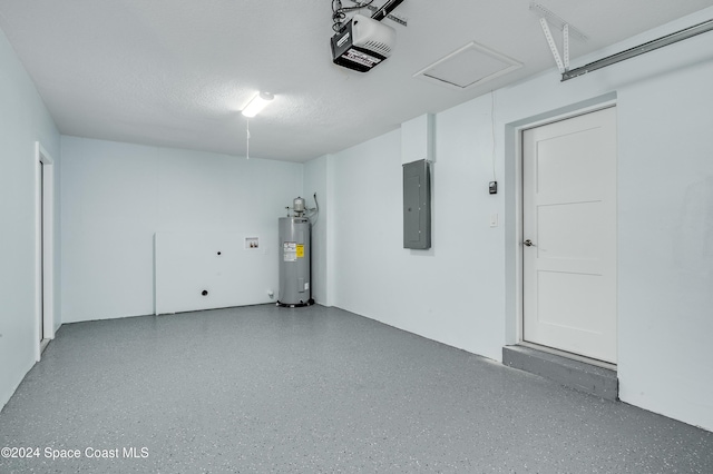 garage featuring a garage door opener, electric water heater, and electric panel