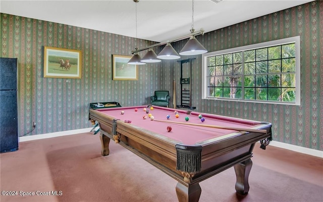 recreation room featuring carpet and billiards