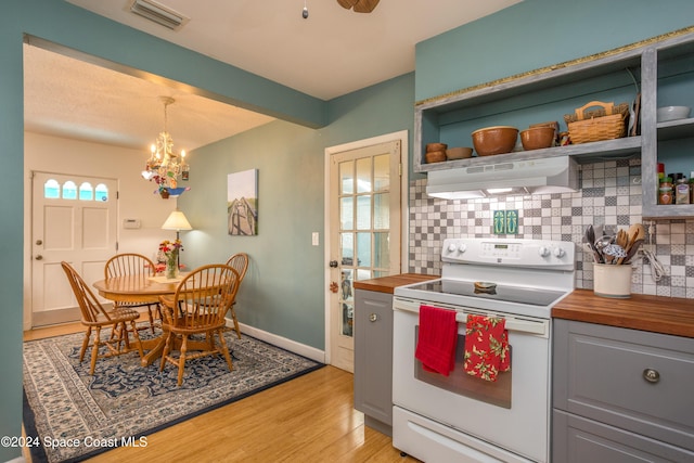 kitchen featuring white range with electric stovetop, butcher block counters, extractor fan, and light hardwood / wood-style floors