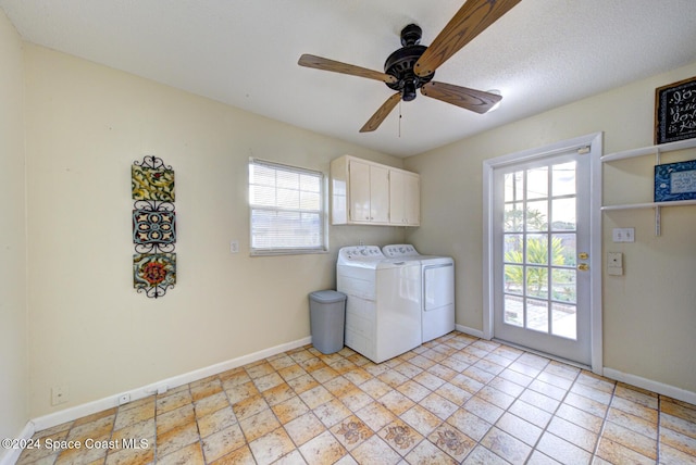 laundry room featuring cabinets, independent washer and dryer, ceiling fan, and a healthy amount of sunlight