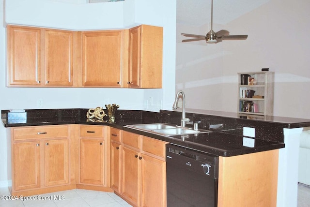 kitchen with light tile patterned flooring, sink, black dishwasher, kitchen peninsula, and dark stone counters