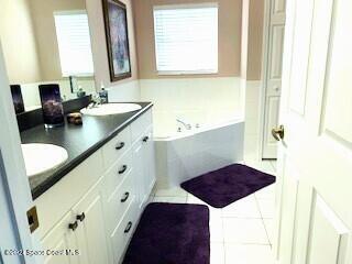 bathroom featuring tile patterned flooring, vanity, and a washtub