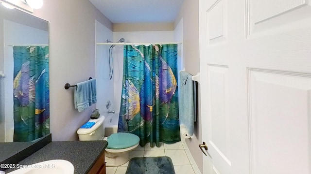 full bathroom with shower / bath combination with curtain, vanity, tile patterned floors, and toilet