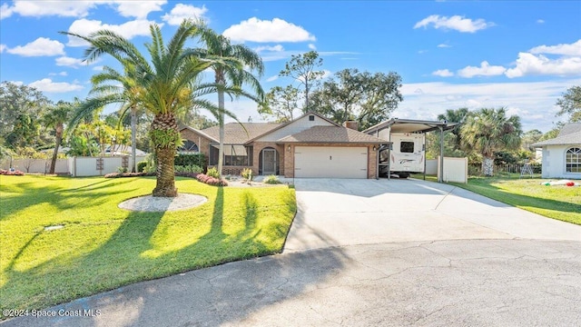 view of front of home with a front yard and a garage