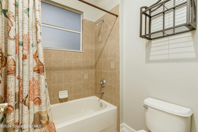 bathroom with toilet and shower / bathtub combination with curtain