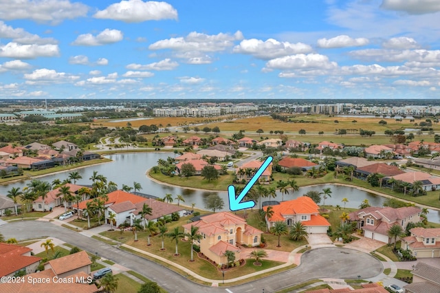 bird's eye view with a water view