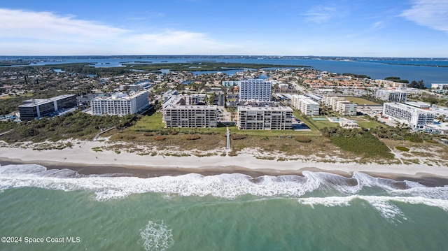 aerial view featuring a water view and a view of the beach