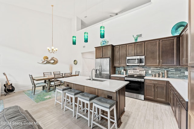 kitchen featuring hanging light fixtures, appliances with stainless steel finishes, and a high ceiling