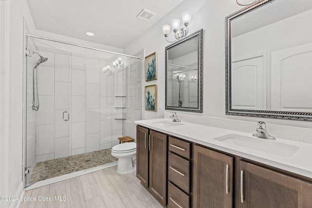 bathroom featuring vanity, toilet, and a shower with shower door