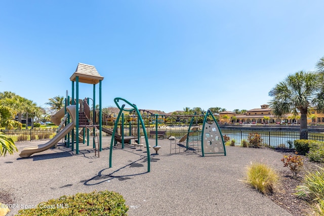 view of play area featuring a water view