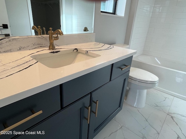 full bathroom with toilet, washtub / shower combination, and vanity