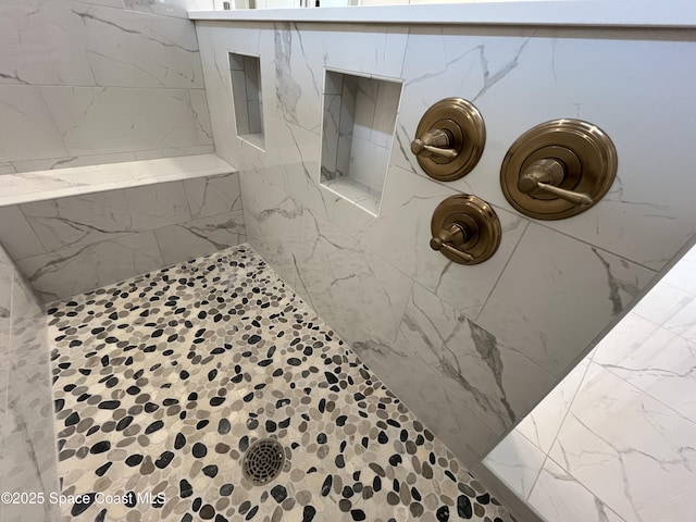 interior details featuring a tile shower