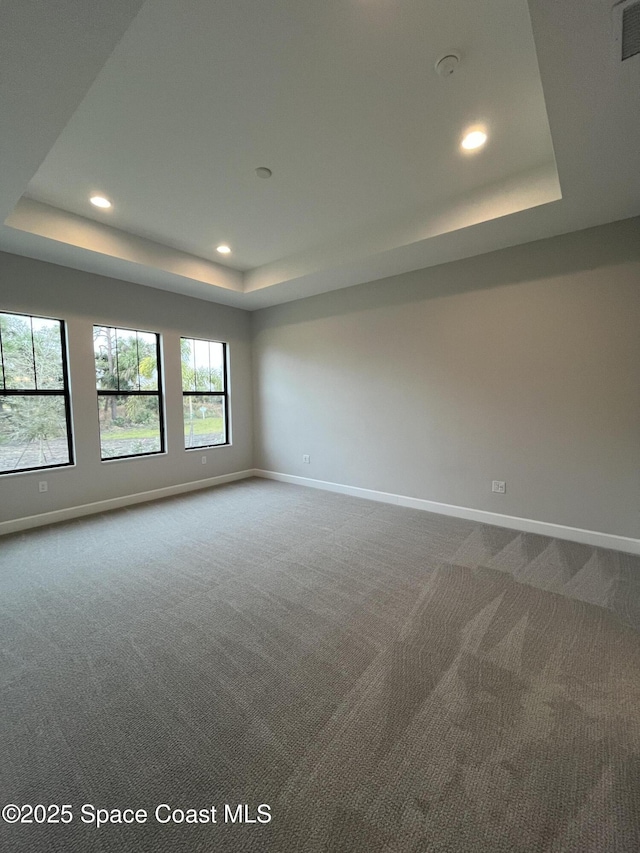 carpeted empty room featuring a tray ceiling