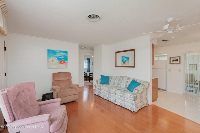 living room with ceiling fan, light hardwood / wood-style floors, ornamental molding, and a textured ceiling