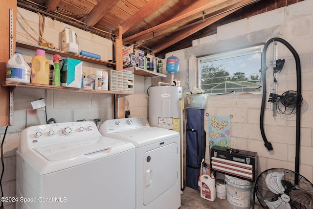 washroom with washing machine and clothes dryer, water heater, and wood ceiling