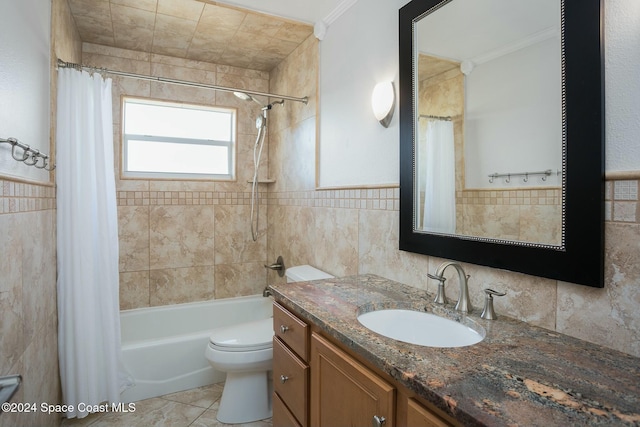 full bathroom with toilet, crown molding, shower / bathtub combination with curtain, and tile walls