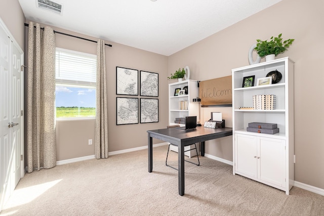 office area featuring light colored carpet