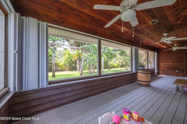 unfurnished sunroom with plenty of natural light and wood ceiling