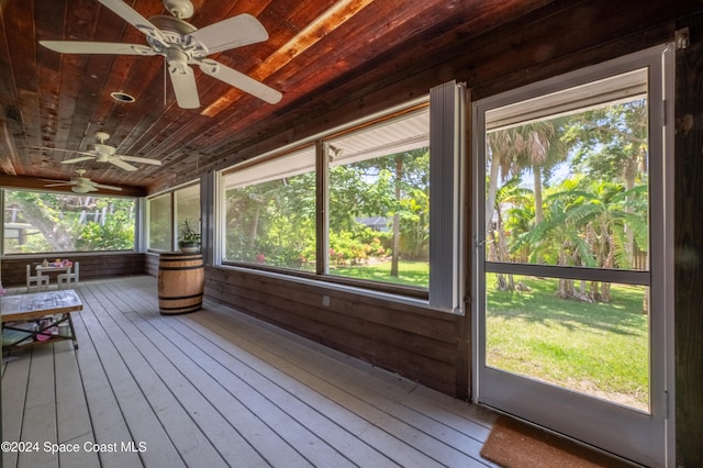 unfurnished sunroom with plenty of natural light and wood ceiling