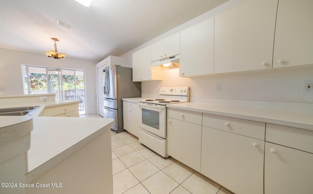 kitchen with pendant lighting, white electric range, stainless steel refrigerator with ice dispenser, a textured ceiling, and white cabinetry