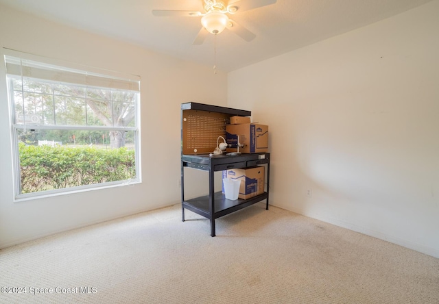 misc room with ceiling fan and carpet