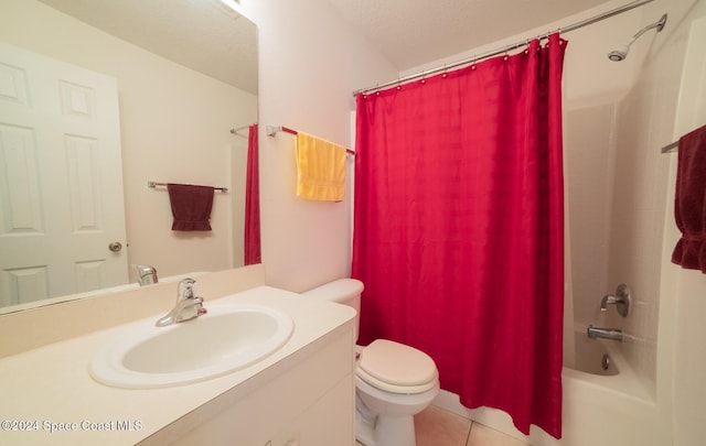 full bathroom with a textured ceiling, vanity, shower / bathtub combination with curtain, tile patterned flooring, and toilet