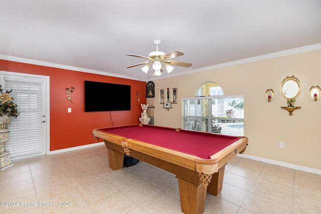 game room featuring ceiling fan, crown molding, and pool table