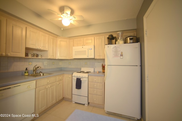 kitchen featuring ceiling fan, sink, tasteful backsplash, white appliances, and light tile patterned floors