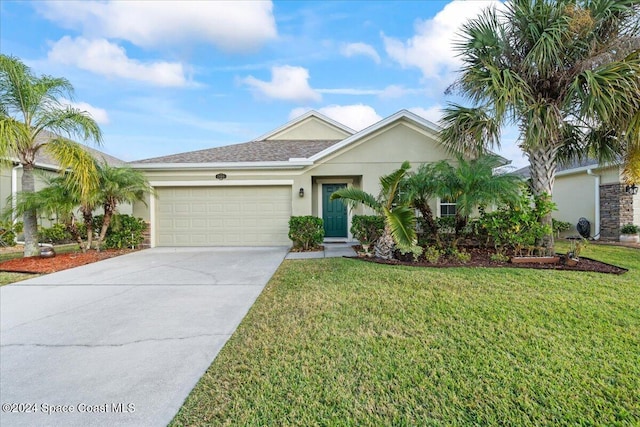 ranch-style house with a front yard and a garage