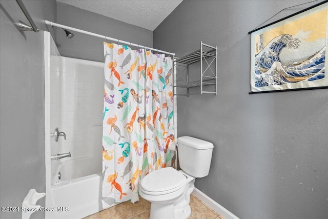 bathroom featuring tile patterned flooring, shower / bath combination with curtain, toilet, and a textured ceiling