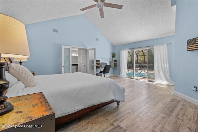 bedroom featuring a textured ceiling, access to outside, ceiling fan, wood-type flooring, and high vaulted ceiling