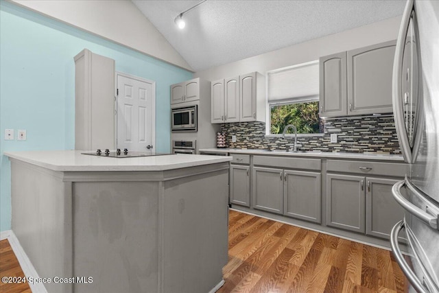 kitchen with gray cabinetry, a textured ceiling, and appliances with stainless steel finishes