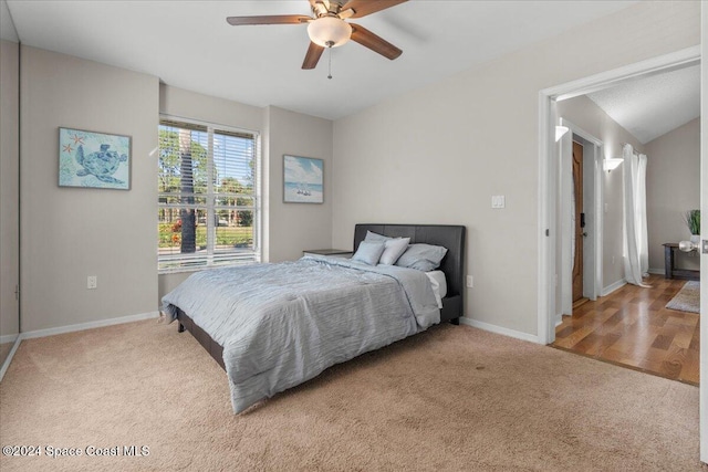 bedroom with ceiling fan and light wood-type flooring