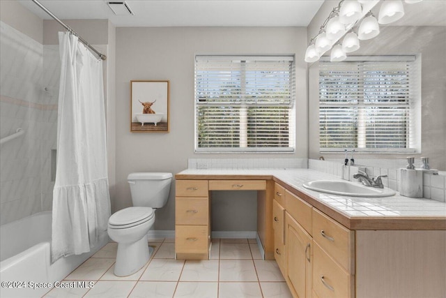 full bathroom with vanity, a wealth of natural light, shower / bathtub combination with curtain, and toilet