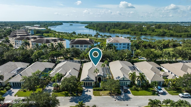 aerial view featuring a water view