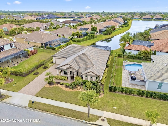 aerial view featuring a water view