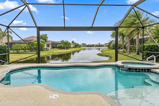 view of swimming pool featuring a lanai, a yard, a water view, central air condition unit, and an in ground hot tub