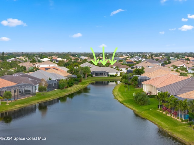 aerial view featuring a water view