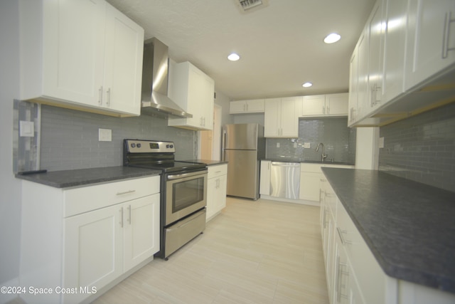 kitchen with decorative backsplash, white cabinetry, wall chimney range hood, and stainless steel appliances