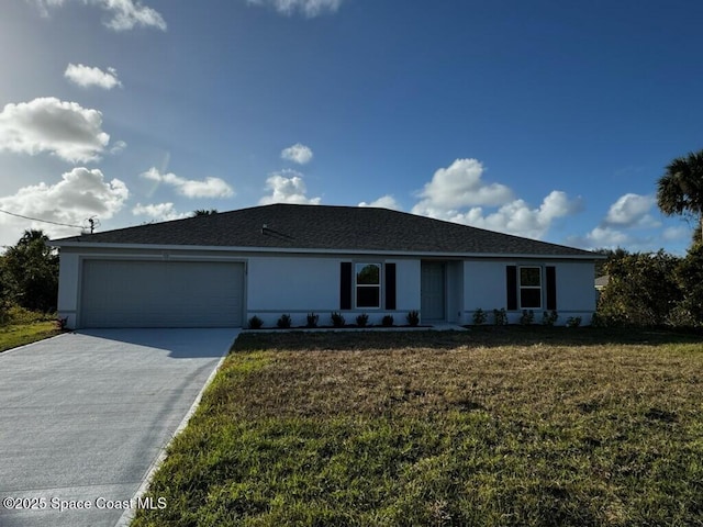 ranch-style home with a garage and a front yard