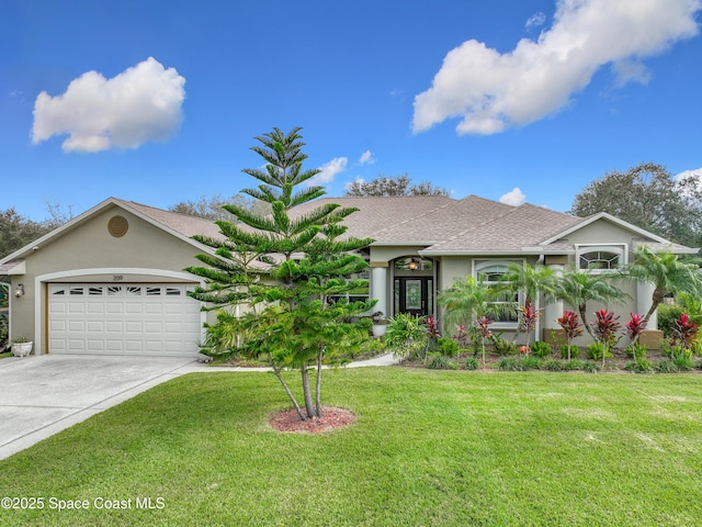 single story home with a front lawn and a garage