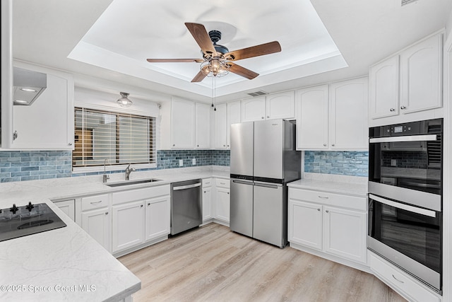 kitchen featuring white cabinets, sink, appliances with stainless steel finishes, and a tray ceiling