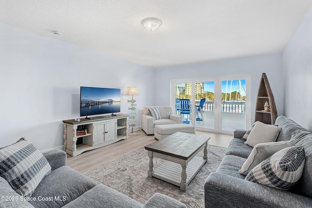 living room with a textured ceiling and light wood-type flooring