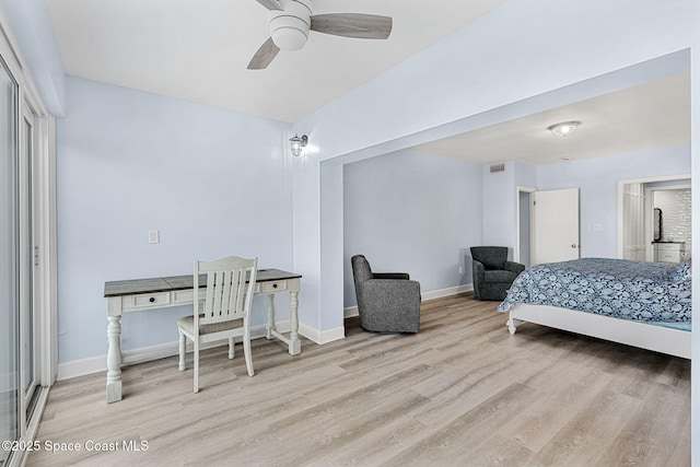 bedroom with light wood-type flooring and ceiling fan