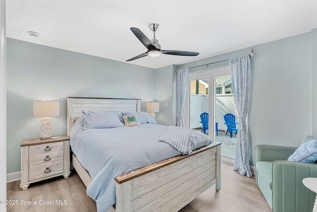 bedroom with ceiling fan, access to exterior, and light hardwood / wood-style flooring