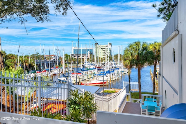 property view of water featuring a dock