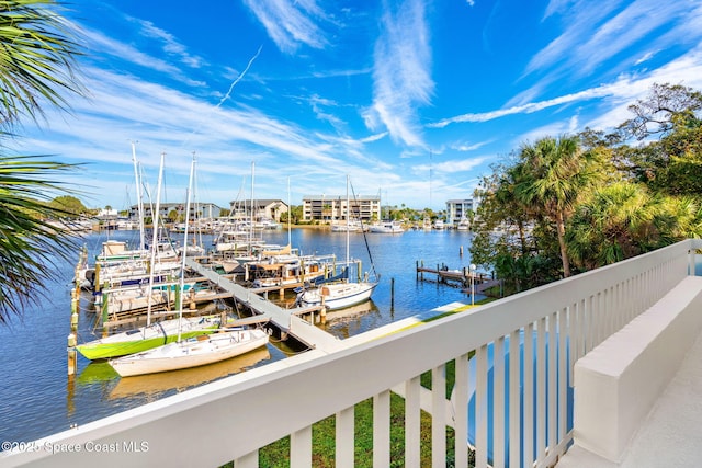 water view featuring a dock